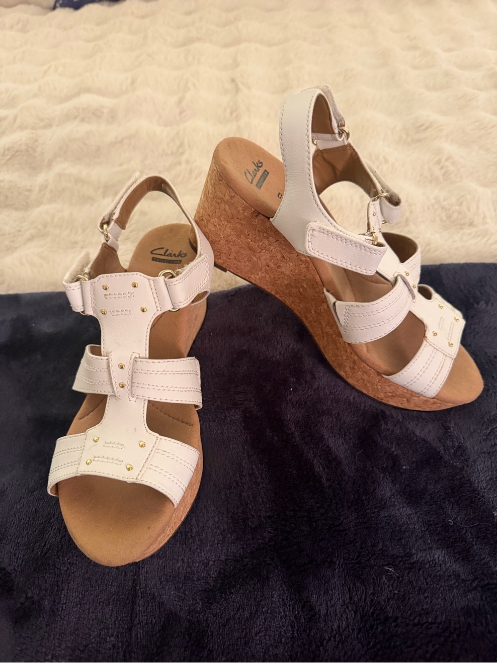 Clarks New White Leather Cork Wedge Sandals with Gold Accents